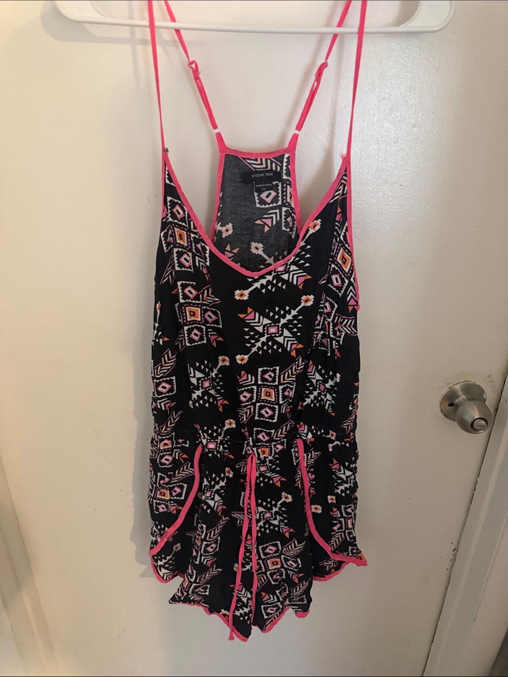 paper tee Black Aztec-Print Romper with Pink Trim